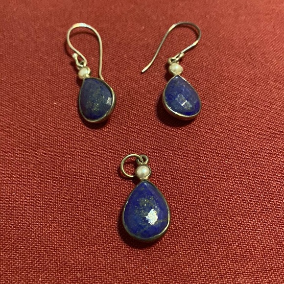 Lapis & pearl set French wire earrings and matching pendant - Picture 1 of 1